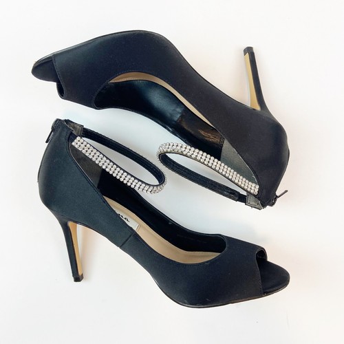 Nina Remini Black Lustre Evening Pumps Women's Size 8 Rhinestone Ankle Strap Zip - Picture 3 of 8