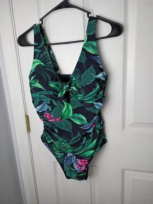 Kona Sol Women 14 Tie Front Tummy Control One Piece Tropical Swimsuit Full Cover