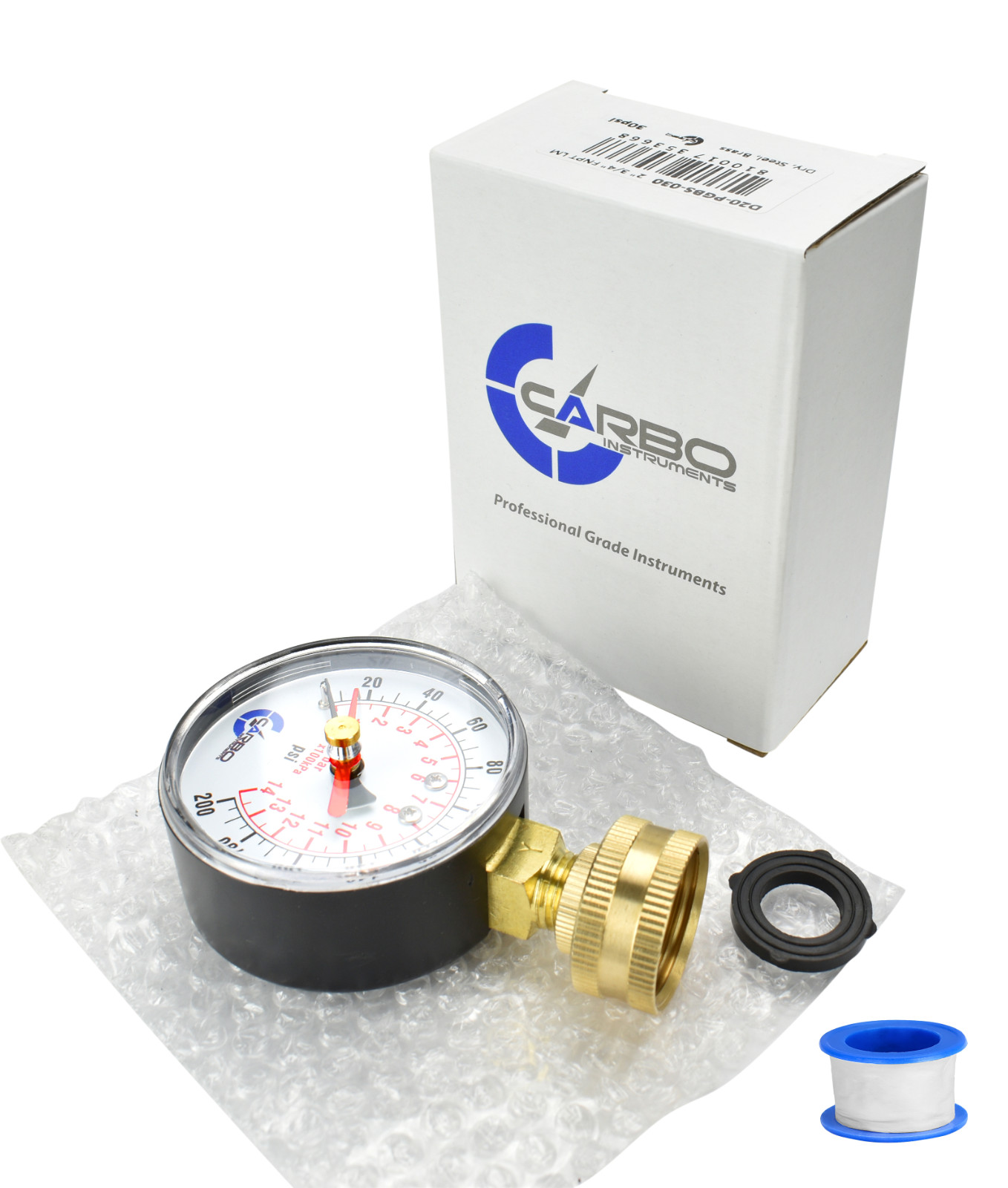 CARBO Instruments 2-1/2" Water Pressure Test Gauge 200 psi,  3/4" Female Hose 