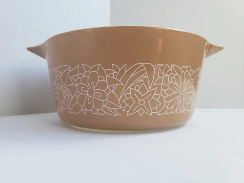 VTG"PYREX" WOODLAND BROWN w WHITE FLAT BOTTOM MIXING BOWL 474B 1.5 LITER #I