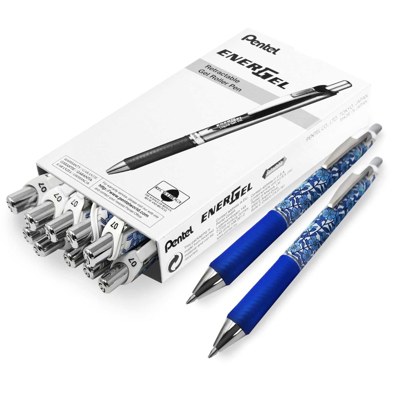 Lot 12 Stylos Pentel EnerGel 0.7mm - Encre Gel Liquide - 54% Recyclé - Rechargeable Noir