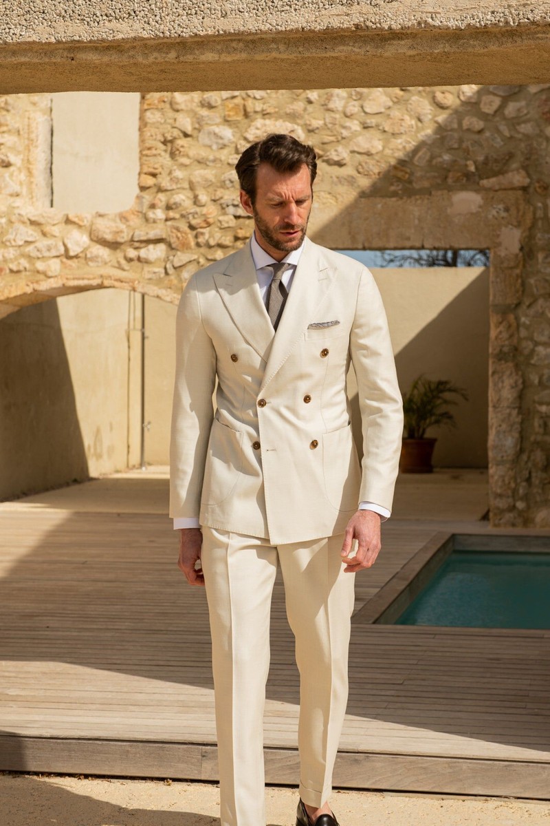 Men Beige Double Breasted Groom Party Business Tuxedo Wedding Suit Prom 2 Piece