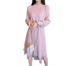 Women Ruffles Sweater Dress Knitted Raglan Sleeve Pleated Solid with Belt
