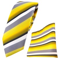 Schmale Tigertie Krawatte + Einstecktuch In Gelb Grau Weiss Anthrazit Gestreift