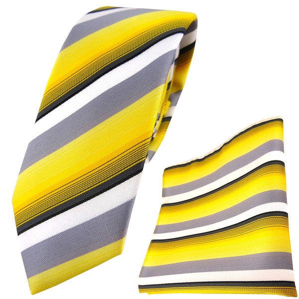 Schmale Tigertie Krawatte + Einstecktuch In Gelb Grau Weiss Anthrazit Gestreift-image