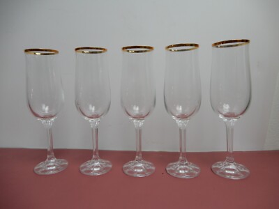 Vintage Set of Five (5) Gold Trim Glass Champagne Flutes