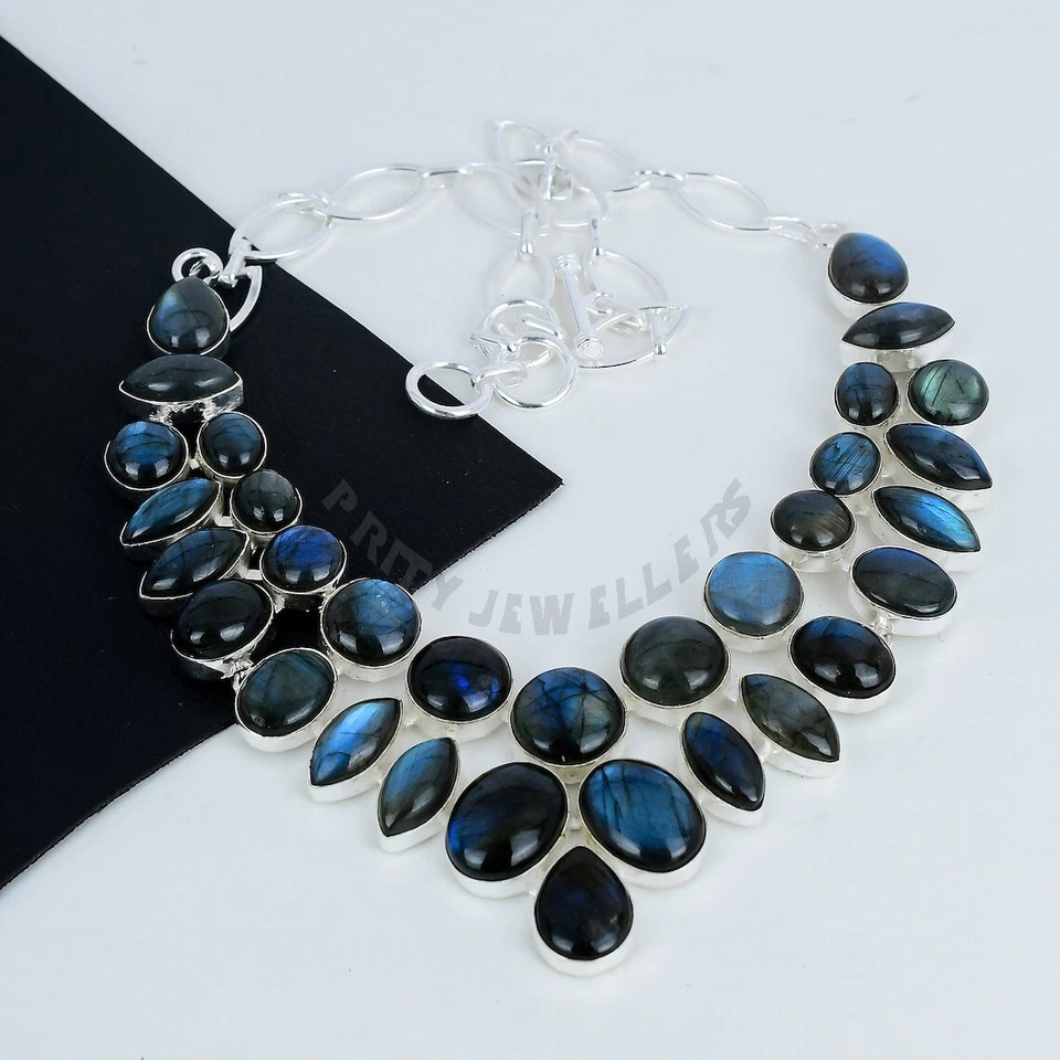 Collar de piedras preciosas de labradorita flash azul plata de ley 925 joyería distintiva Foto 2 de 4