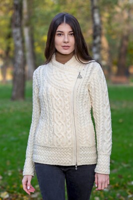 SAOL Cable Knitted Cardigan Women's 100% Merino Wool Irish Aran Zipper Jacket