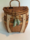 Vtg Woven Wicker Fishing Basket Creel Backpack Rustic Cabin Decor Cotton Trim