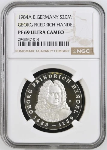 Germany Democratic Republic Silver 20 Mark 1987 NGC PF69 FRIEDRICH HANDEL T.POP