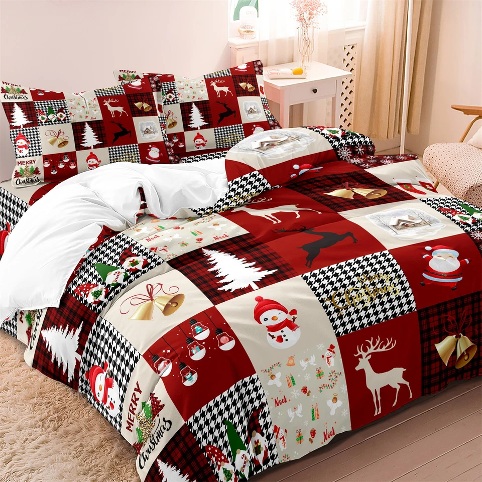 3pcs All Size Soft Christmas Xmas Plaid Quilt Doona Duvet Cover Pillowcase Set - image 1 of 4