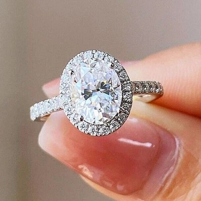 3CT Ovel-Cut Lab Created Halo Engagement Ring 14K White Gold Plated