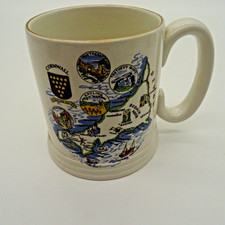 Vintage Lord Nelson Pottery Cornwall Map Mug - Looe - gold rim.