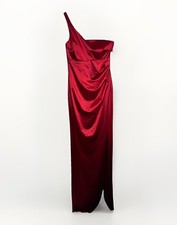 Emerald Sundae Women's Solid Red Satin One-Shoulder Gown Dress Size S