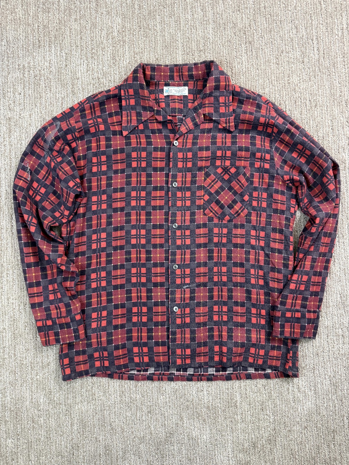 Vintage 70s Plaid Flannel Shirt Mens Large Red Button Up Long Sleeve USA