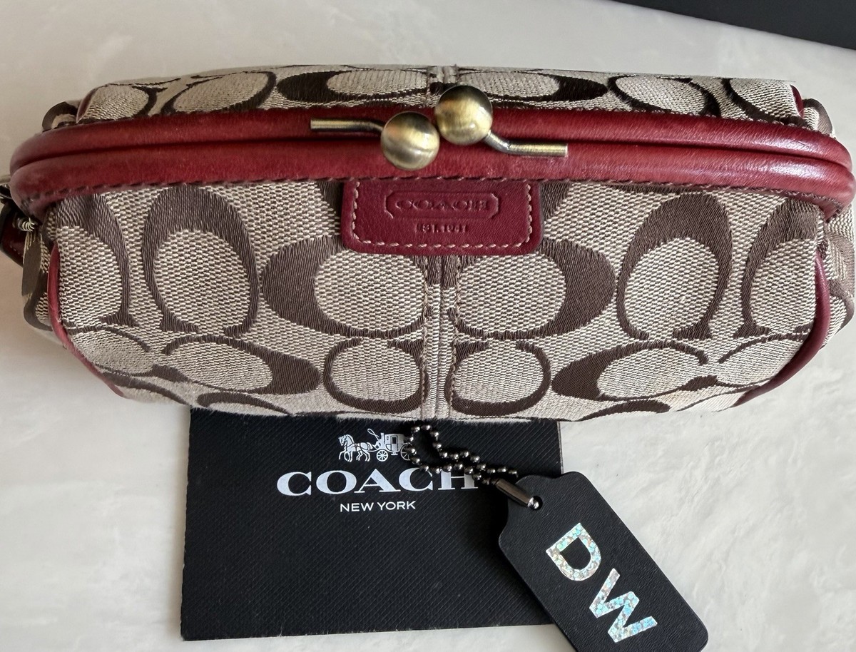 COACH KHAKI/RED SIGNATURE LEGACY STRIPED LINING KISSLOCK COSMETIC