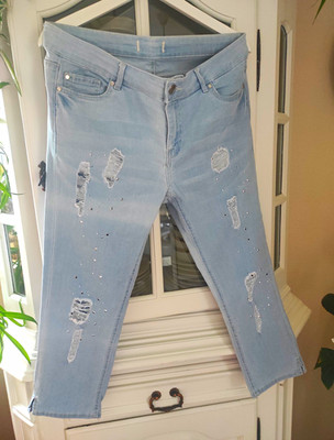 NEXT Damen Skinny Jeans hellblau Distressed mit Nieten Five-Pocket Gr. L
