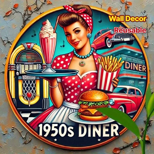 Vintage 1950s Diner Waitress Logo Round Tin Metal Signs Home Décor 8x8