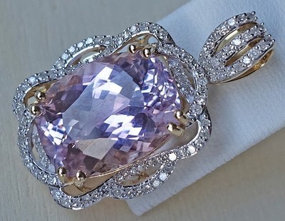 NEU 12 Carat Kunzit Edelstein Brillant Anhänger 585 14kt Gold Diamanten   MAN17
