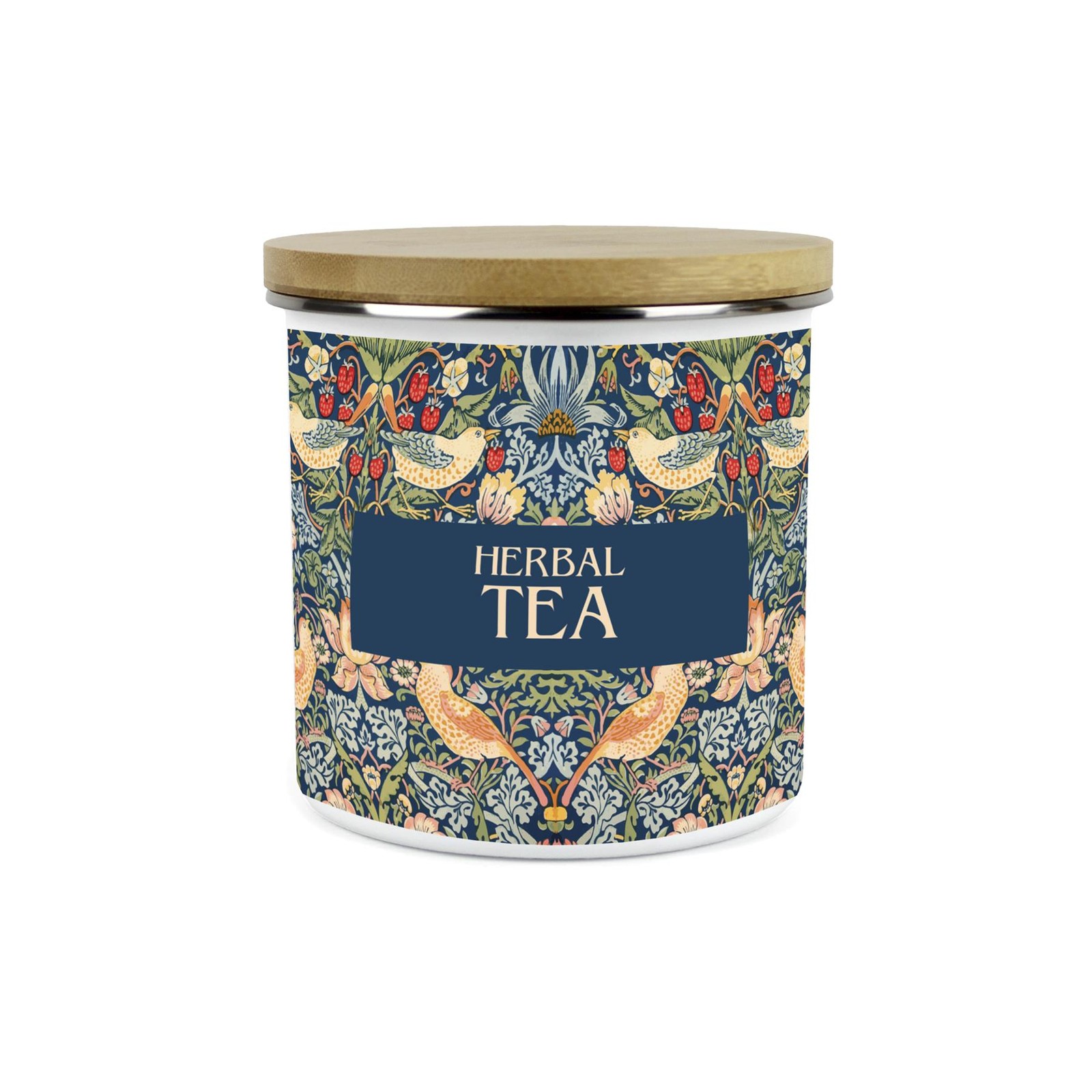 Blue Strawberry Thief Herbal Tea Storage Canister - Enamel Kitchen Container