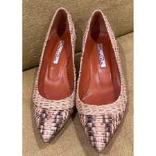 Oscar de la Renta Snakeskin Woven Straw Kitten Heel Pumps Beige Tan 35.5 Italy
