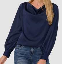 CeCe Women's Blue Cowlneck Blouson-Sleeve Pull On Blouse Top Size S