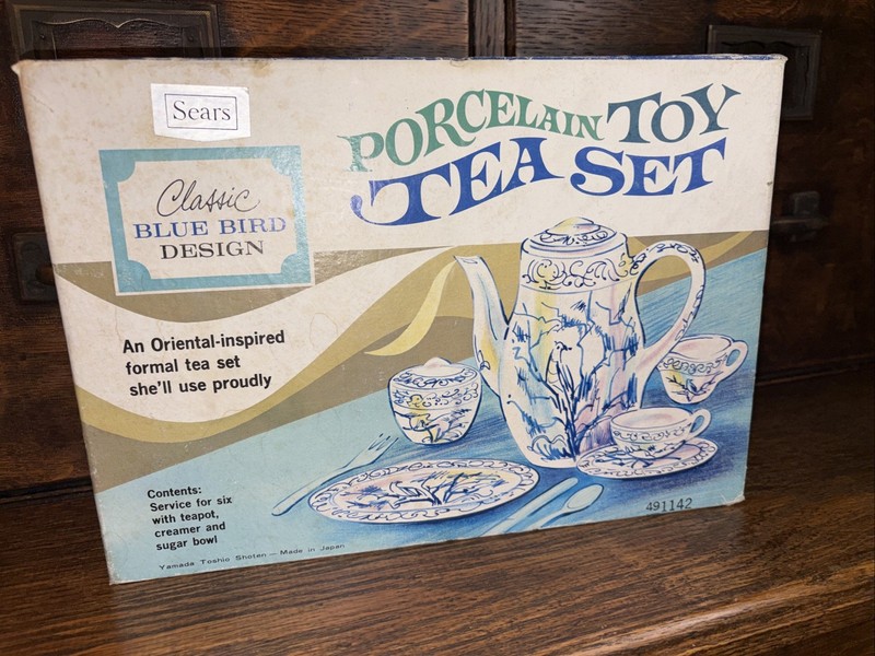 Vintage Sears Classic Blue Bird Design Porcelain Tea Toy Set Original Box As Is