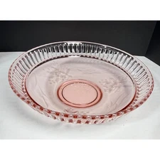 VTG Renticulated Etched Glass Footed Bowl Floral Design Vintage Serving Dish