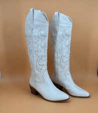 Billini Urson Women?s Knee High Cowboy Boots in White with Stitching Detail Sz 9