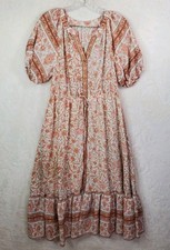 By the River Anthropologie Peachy Puff Sleeve Midi Dress Lined Cottagecore Large
