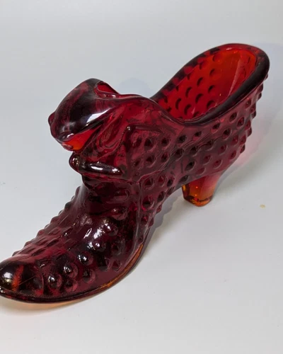 Fenton Art Glass Ruby Red CAT HEAD Hobnail Shoe Slipper Boot Figurine