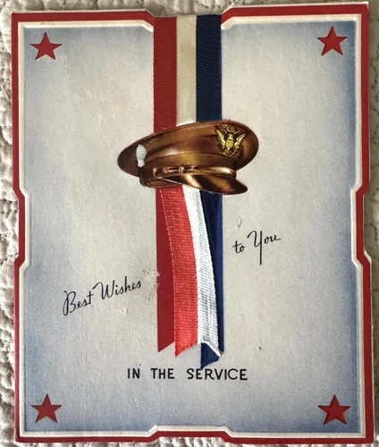Unused WWII WW2 Patriotic Military Ribbon Hat Vtg Greeting Card 1940s DAMAGED