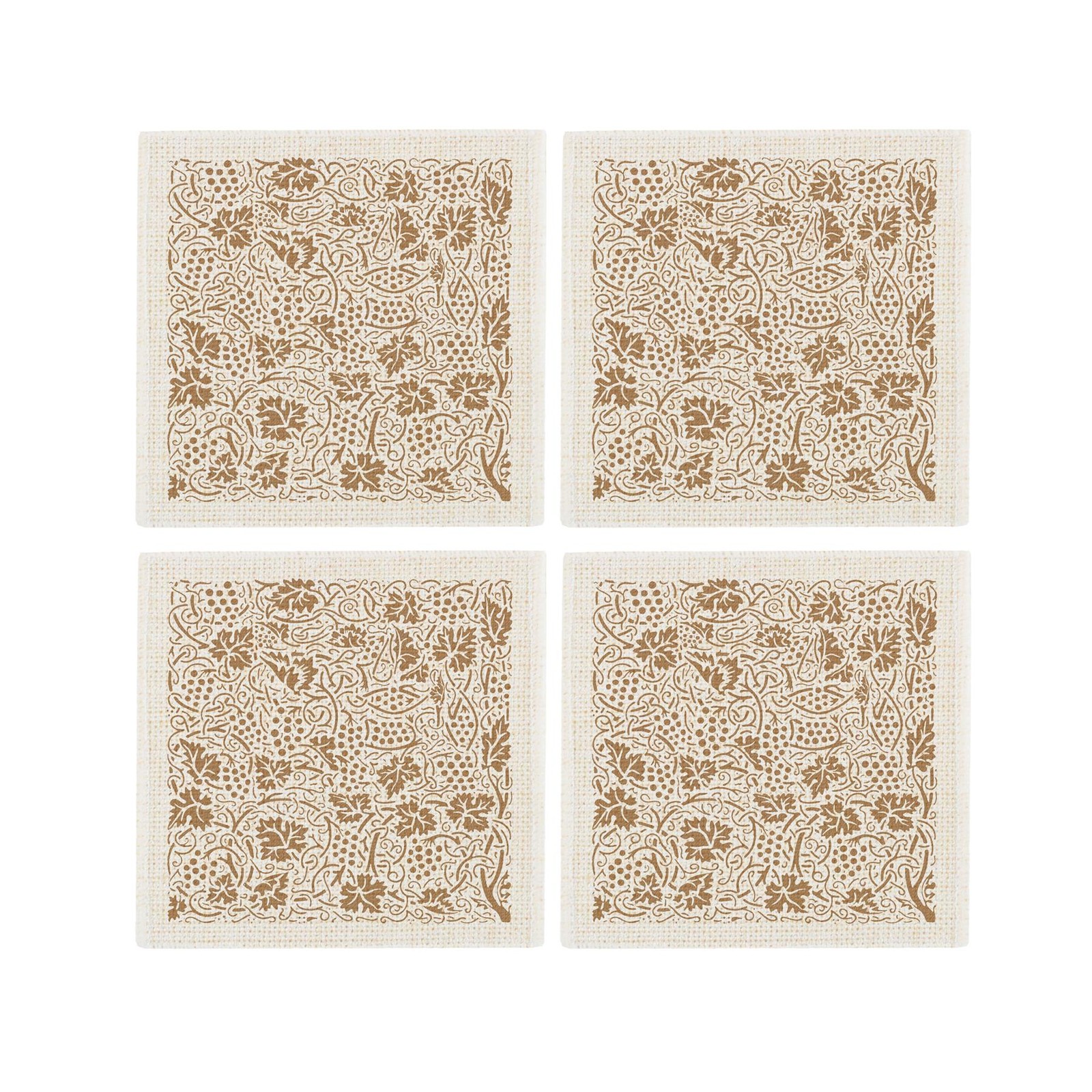 Oak Leaves & Berries Fabric Coaster Set - Golden Brown Table Gift, Set of 4