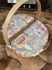 Vtg 2 Sided Hinged Top Sewing Basket Wicker Floral Fabric Handle Pin Cushions