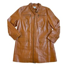 Jessica London Womens Vintage Caramel Brown Zip Up Long Leather Coat Size 20