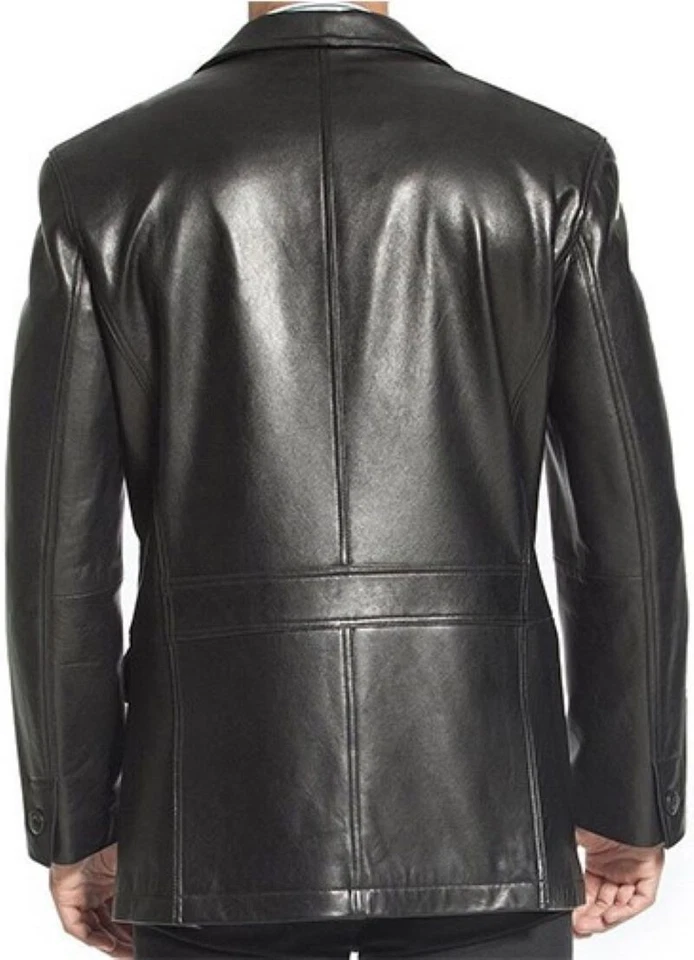 Mens Black Two Button Blazer Pea Coat Classic Lamb Real Soft Leather Jacket Coat Foto 3 de 4