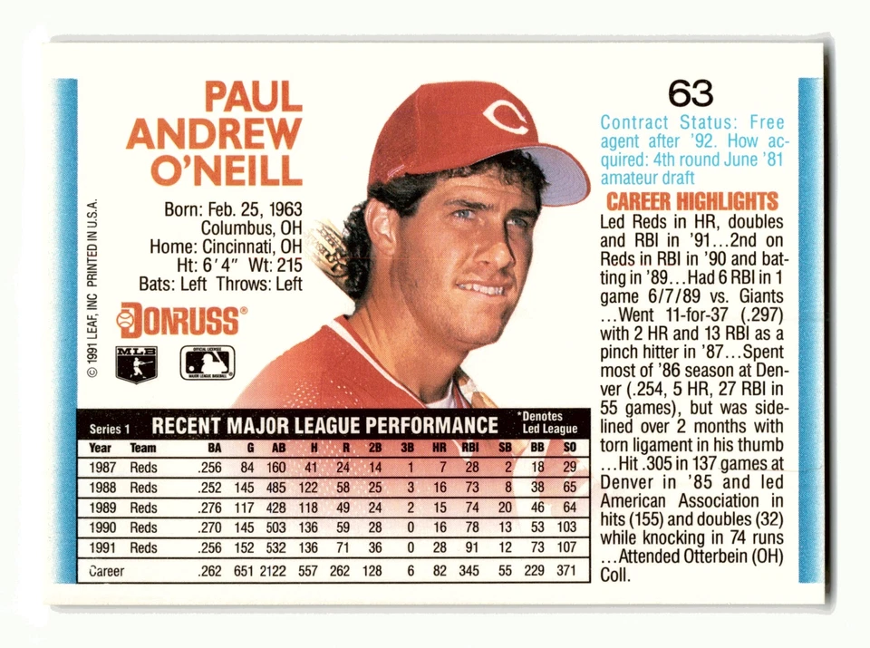 Paul O'Neill 1992 Donruss #63b Cincinnati Reds Mint - Image 2 of 2