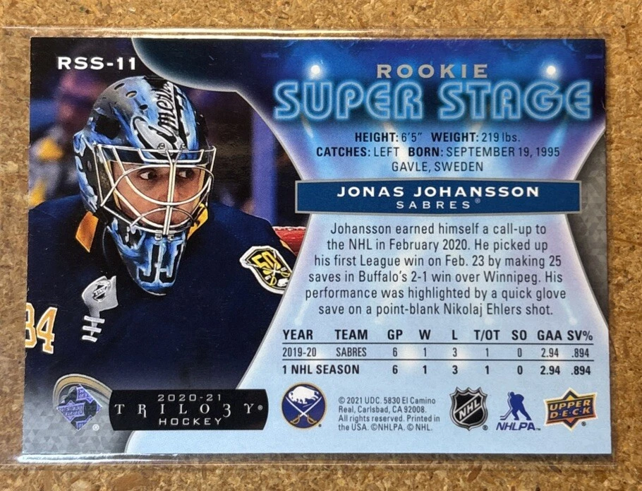 2020-21 Upper Deck Trilogy Rookie Super Stage Jonas Johansson #RSS-11 - Image 2 of 2