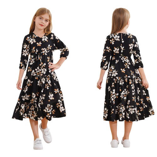 Girls Daily Wear Floral Print Maxi Dress Ruffle Hem Long Dresses School Fashion - Picture 4 of 56