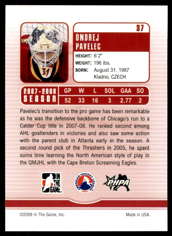 2008-09 In The Game Between Pipes Ondrej Pavelec #37 - Image 2 of 2