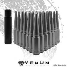20 Pc | Flat Gun Metal | 14x1.5 Metal Spike Lug Nuts Key Fits Aftermarket Wheels