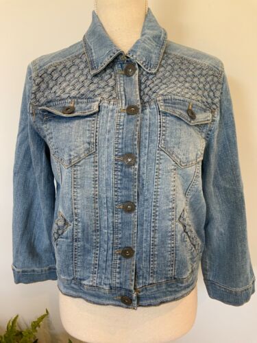 DEMOCRACY Womens Size Medium Blue Denim Stretch Collar Braided Trim Jean Jacket