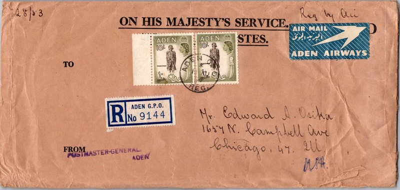 1954 Aden Airways Registered Letter Cover Airmail to Chicago Illinois USA