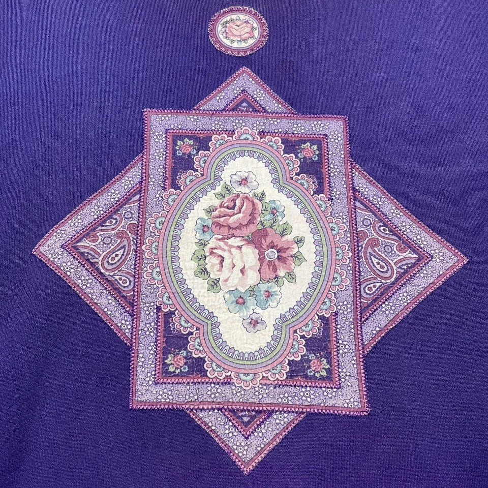Vintage 90s Flowers Sweatshirt Mens XL Purple Pullover Floral Art USA Made 80s - Image 2 of 4