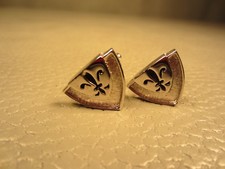 Vintage Triangular Black Enamel Fleur de Lis White Gold Plated Cuff Links