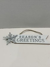 Wood Christmas Ornament "Seasons Greetings White Door Hanger 8   x 2.5  