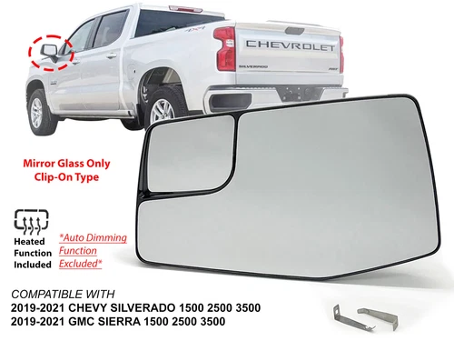For Mirror Glass Heated with Spotter Lens 2019-2021 SILVERADO SIERRA Driver Side