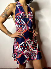 Vintage ZORA 1970s Nylon Mini Sun Dress Halter Neck Tie Blue Pink XS/AU 6