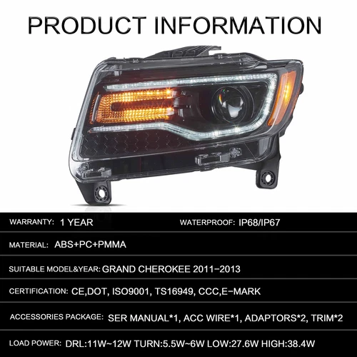 VLAND Full LED Headlights For 2011-2022 Jeep Grand Cherokee Sequentia Lamps 1set - Picture 10 of 20