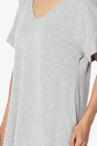 TheMogan S~3X Wide V-Neck Cuffed Short Sleeve Curved Hem Luxe Jersey Top - Picture 121 of 212